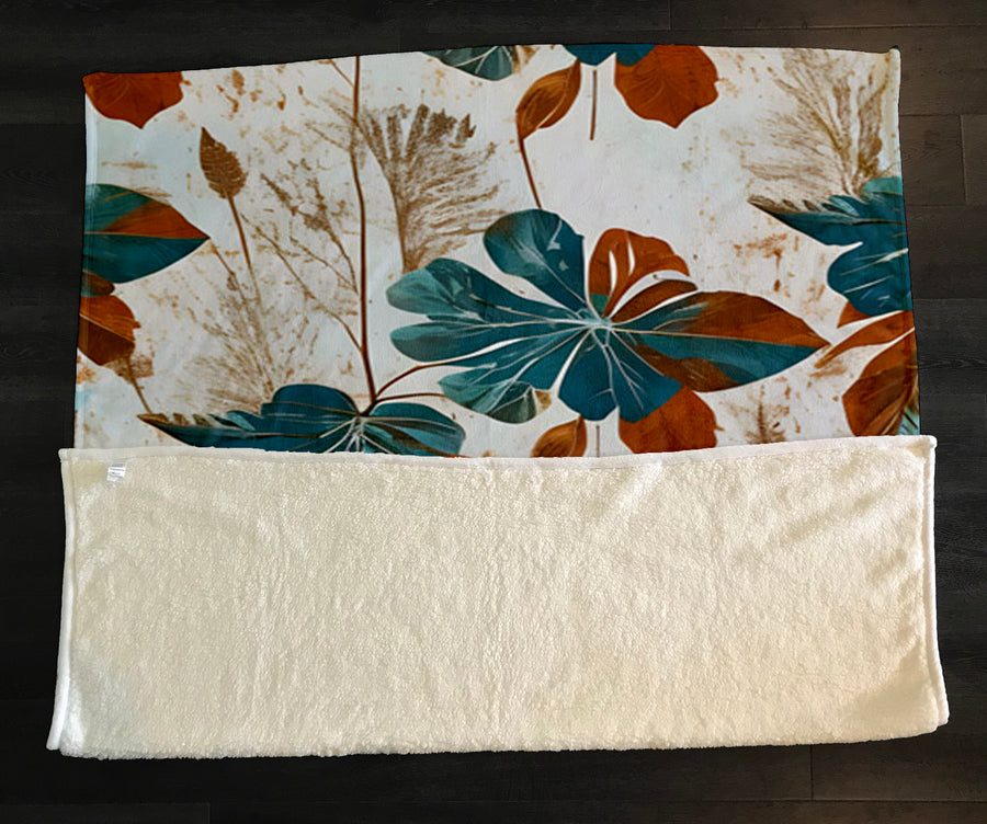 Beige and Teal Floral Botanical Pattern Fleece Sherpa Blanket