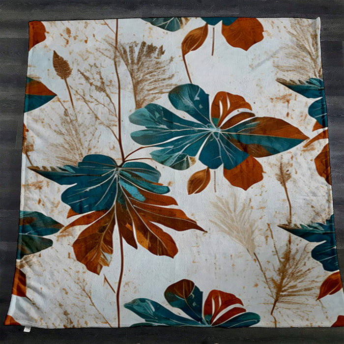 Beige and Teal Floral Botanical Pattern Fleece Sherpa Blanket