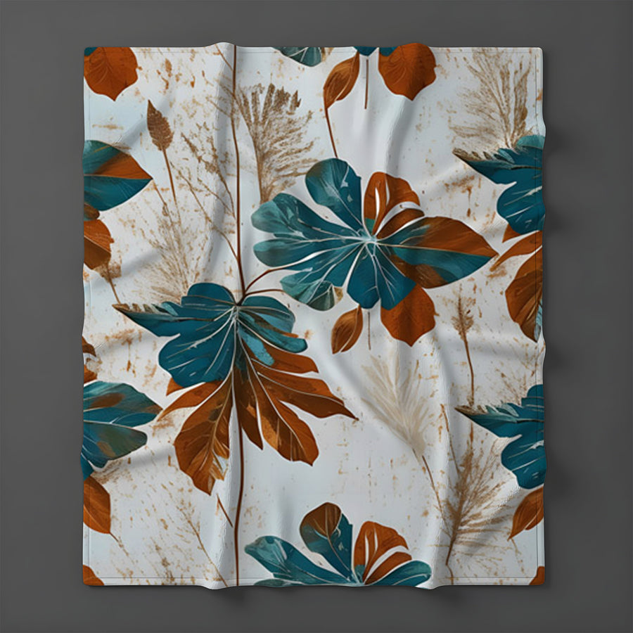 Beige and Teal Floral Botanical Pattern Fleece Sherpa Blanket