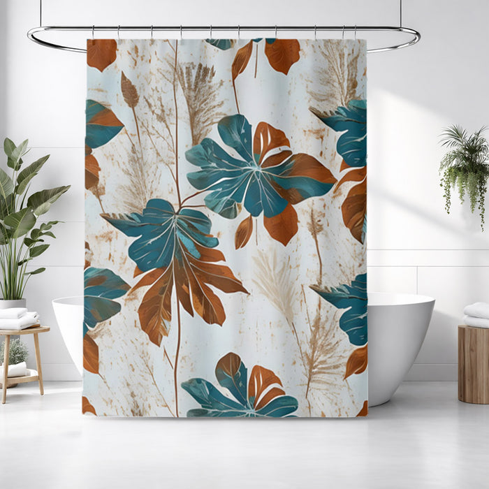 Beige and Teal Floral Botanical Pattern Shower Curtain