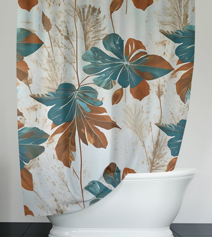 Beige and Teal Floral Botanical Pattern Shower Curtain