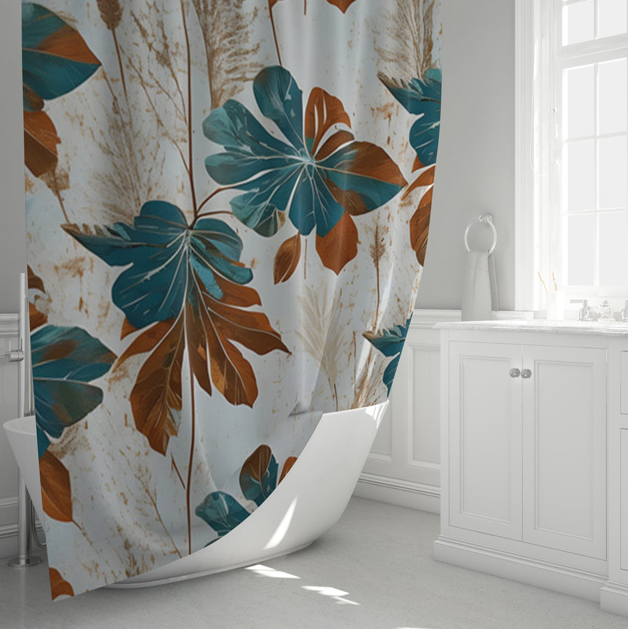 Beige and Teal Floral Botanical Pattern Shower Curtain