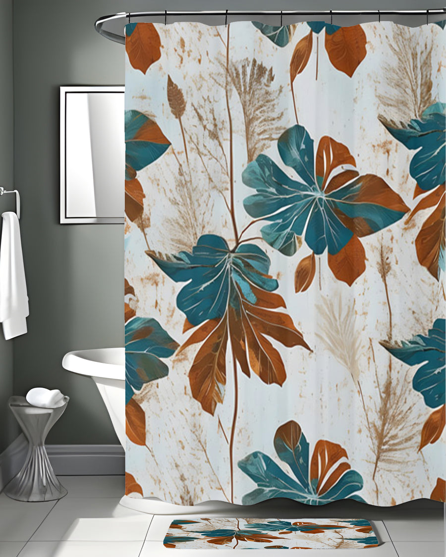 Beige and Teal Floral Botanical Pattern Shower Curtain