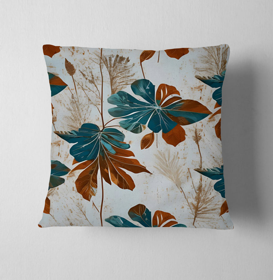 Beige and Teal Floral Botanical Pattern Throw Pillow Cover
