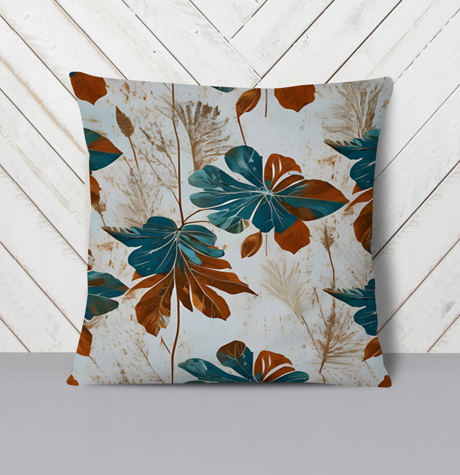 Beige and Teal Floral Botanical Pattern Throw Pillow Cover