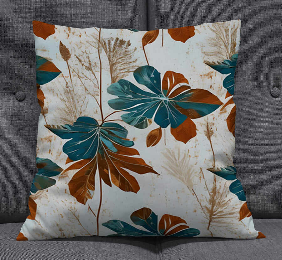 Beige and Teal Floral Botanical Pattern Throw Pillow Cover