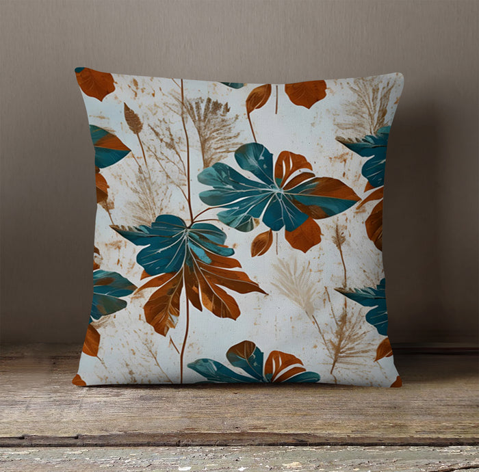 Beige and Teal Floral Botanical Pattern Throw Pillow Cover