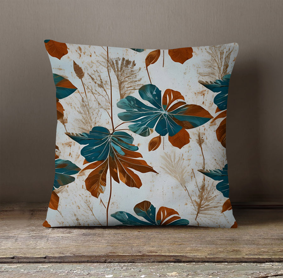 Beige and Teal Floral Botanical Pattern Throw Pillow Cover