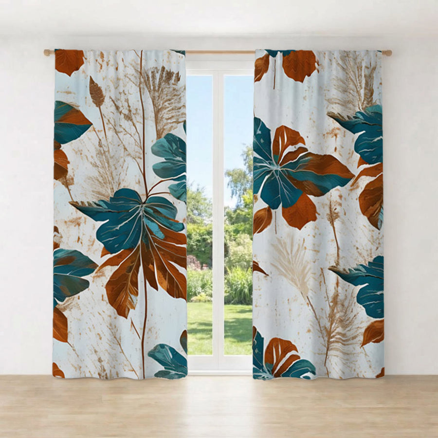 Beige and Teal Floral Botanical Pattern Window Curtains