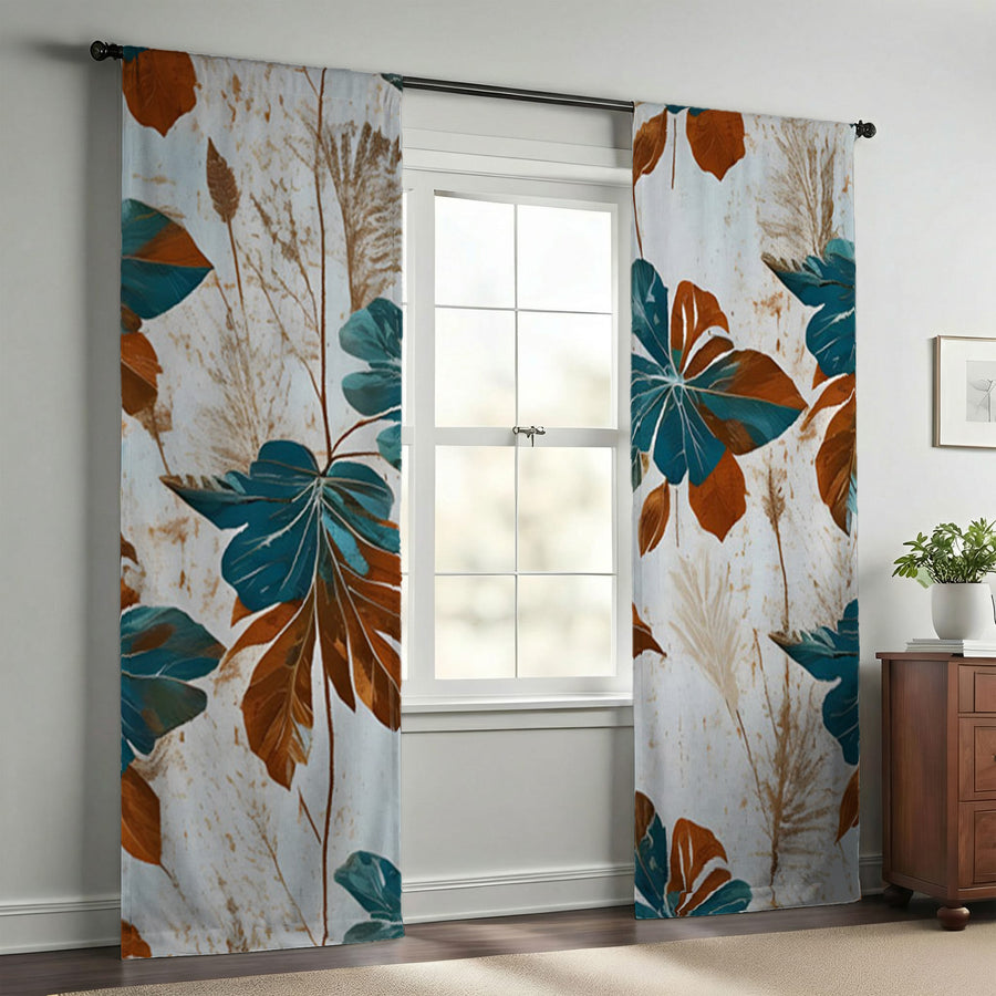 Beige and Teal Floral Botanical Pattern Window Curtains