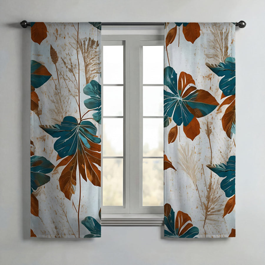 Beige and Teal Floral Botanical Pattern Window Curtains