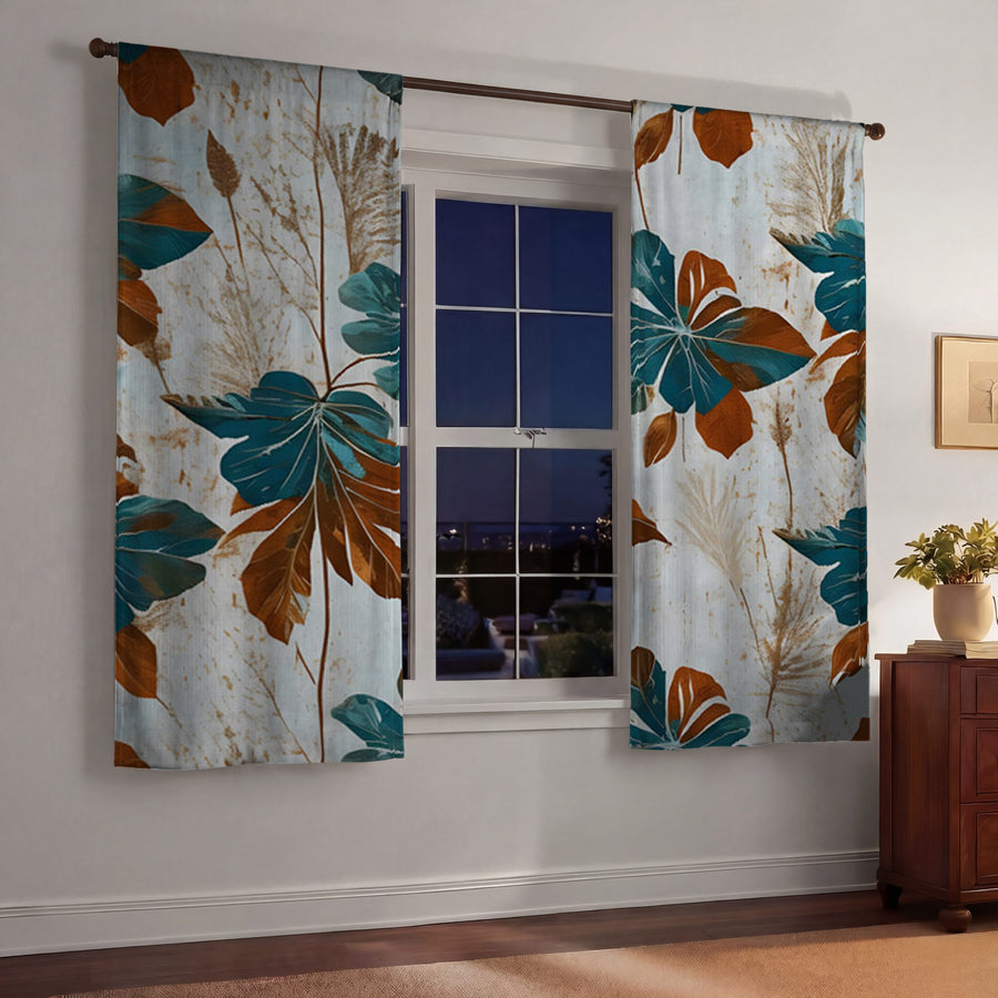 Beige and Teal Floral Botanical Pattern Window Curtains
