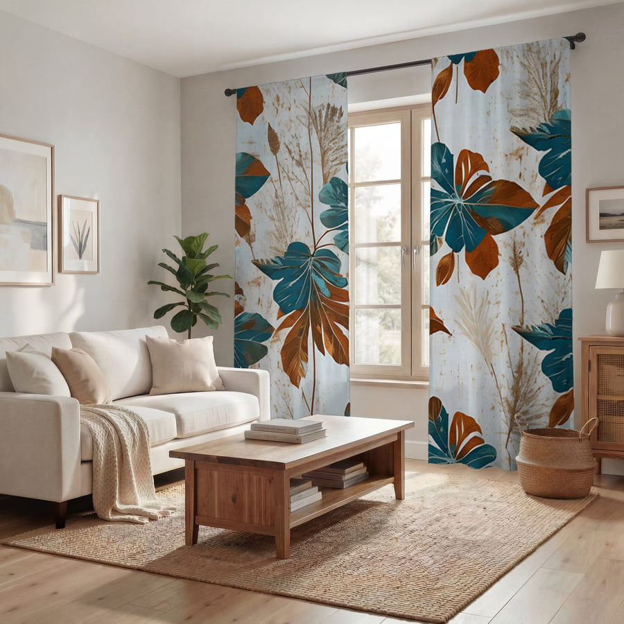 Beige and Teal Floral Botanical Pattern Window Curtains