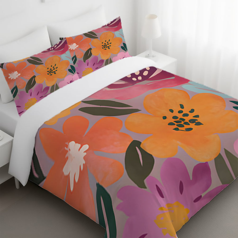 Pink and Orange Floral Pattern Duvet Cover