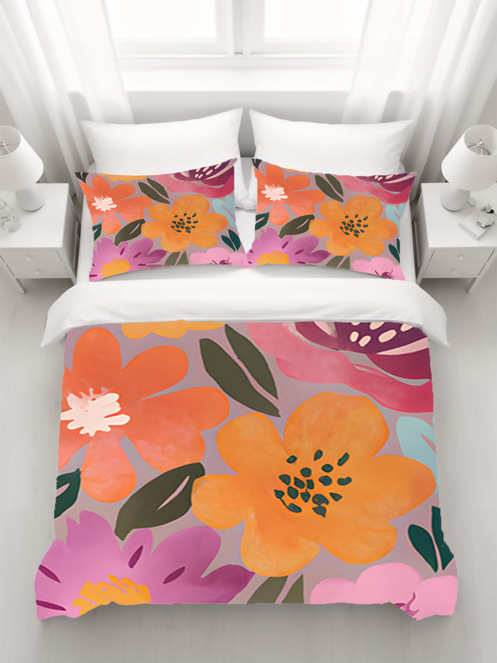 Pink and Orange Floral Pattern Duvet Cover