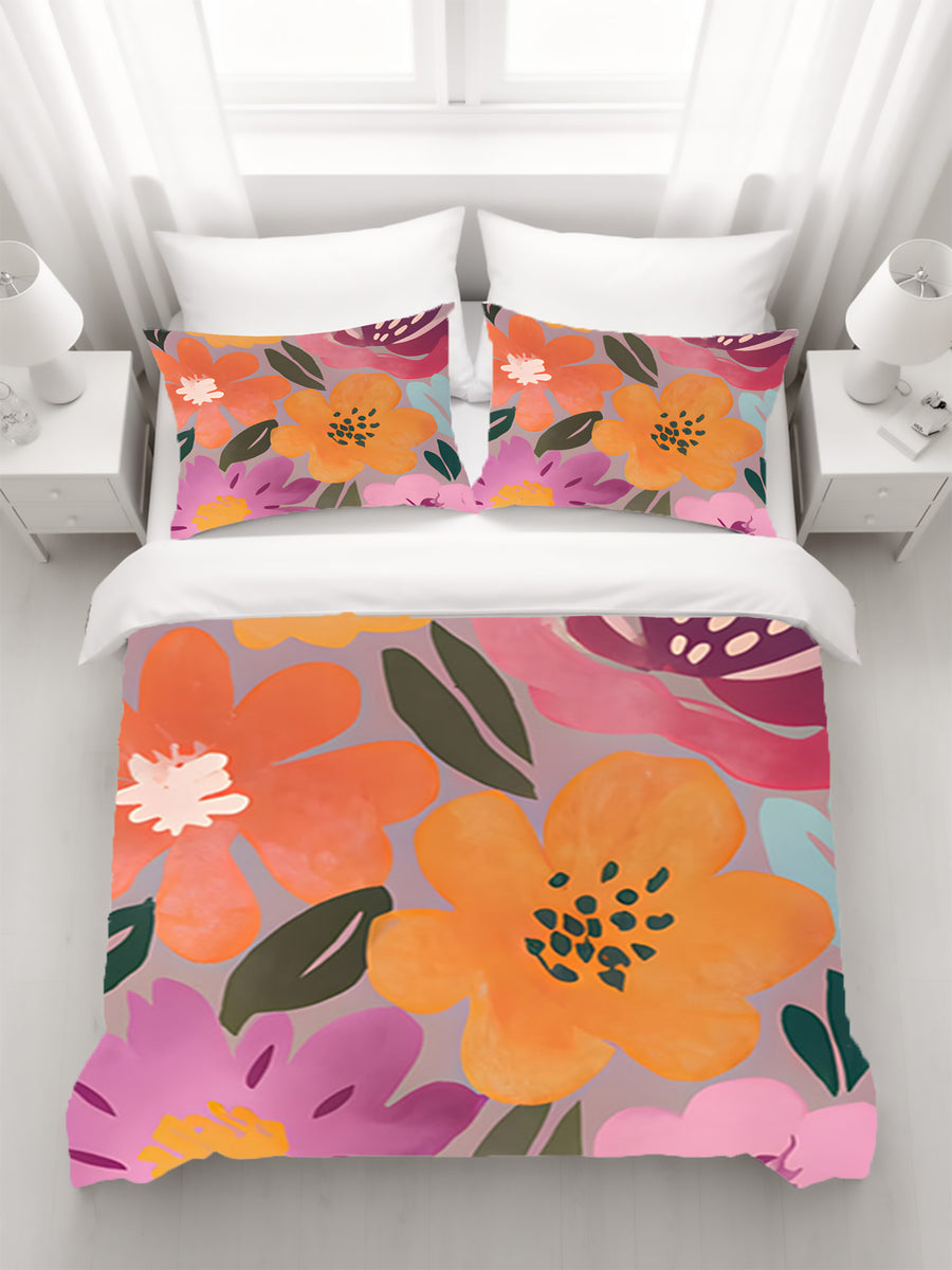 Pink and Orange Floral Pattern Duvet Cover