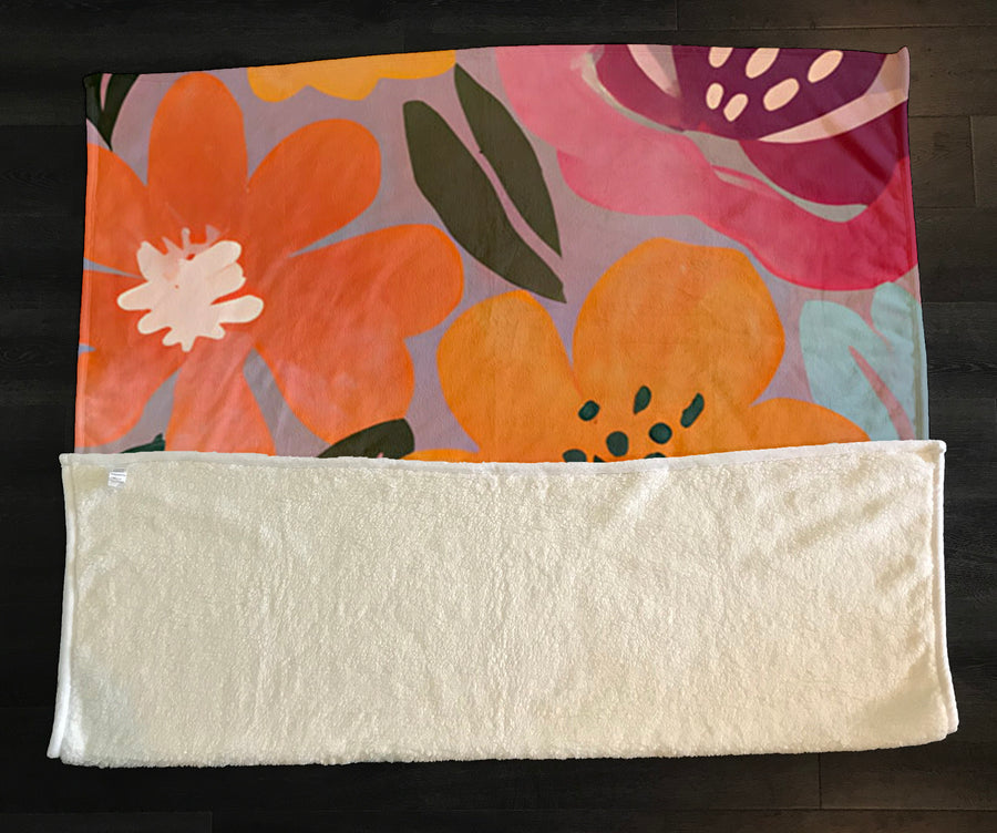 Pink and Orange Floral Pattern Fleece Sherpa Blanket