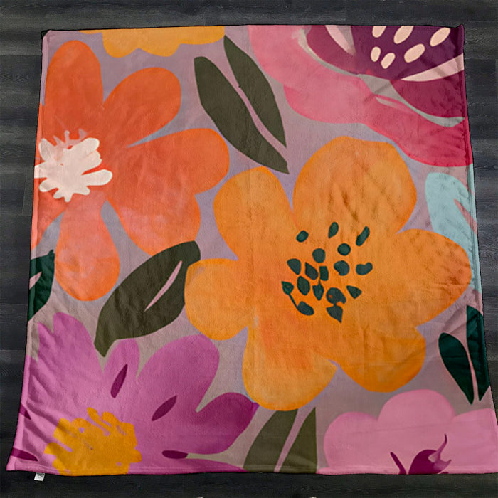 Pink and Orange Floral Pattern Fleece Sherpa Blanket