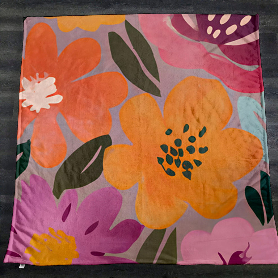 Pink and Orange Floral Pattern Fleece Sherpa Blanket