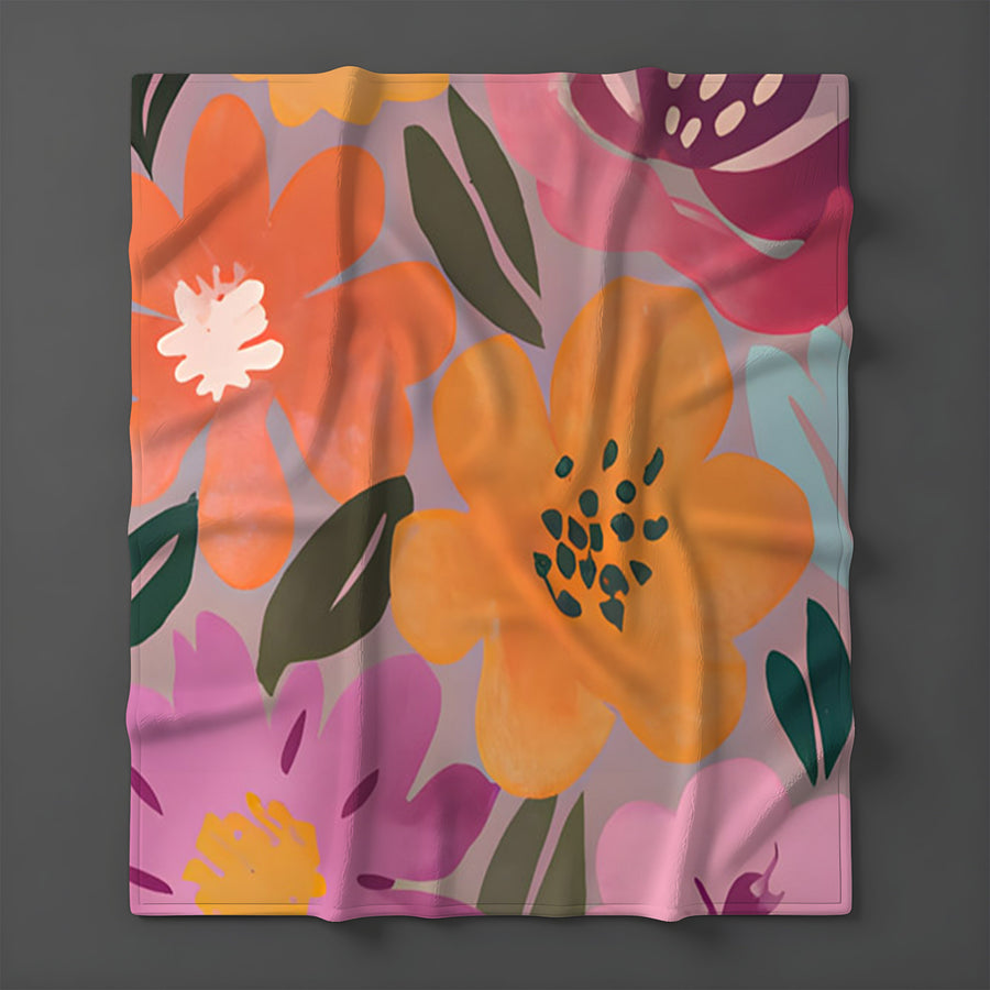Pink and Orange Floral Pattern Fleece Sherpa Blanket