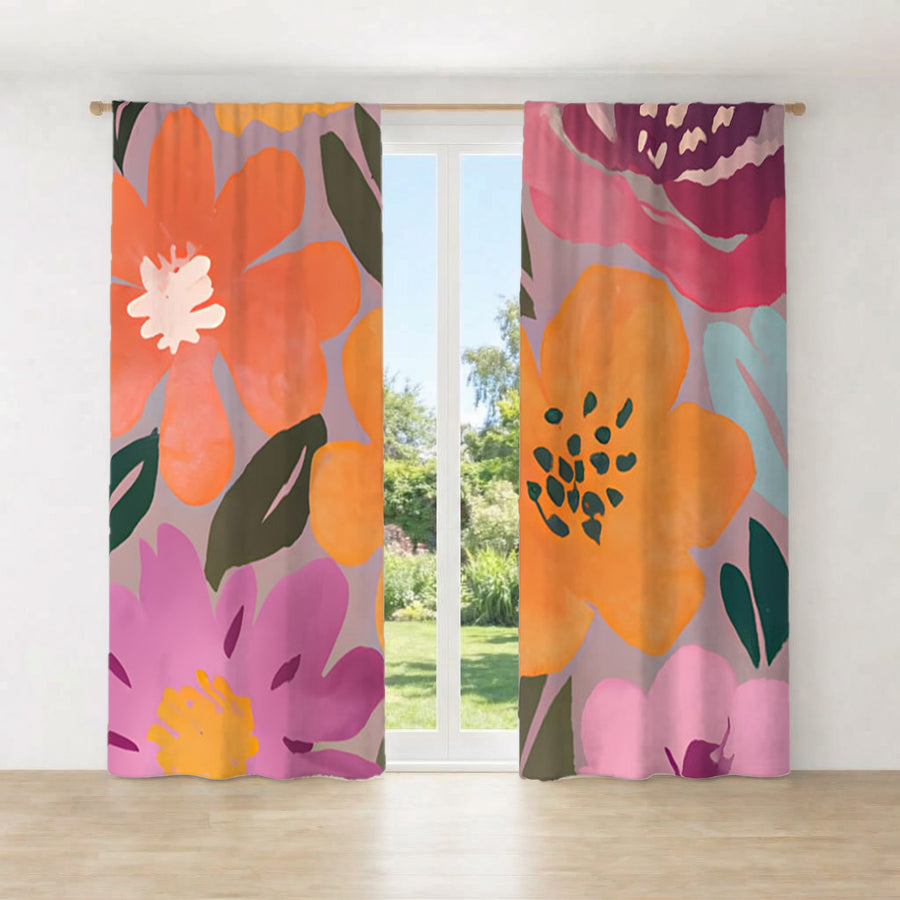 Pink and Orange Floral Pattern Window Curtain