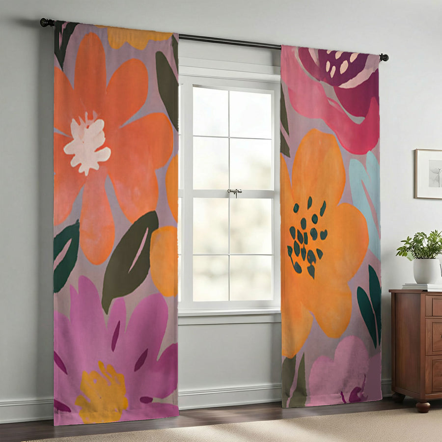 Pink and Orange Floral Pattern Window Curtain