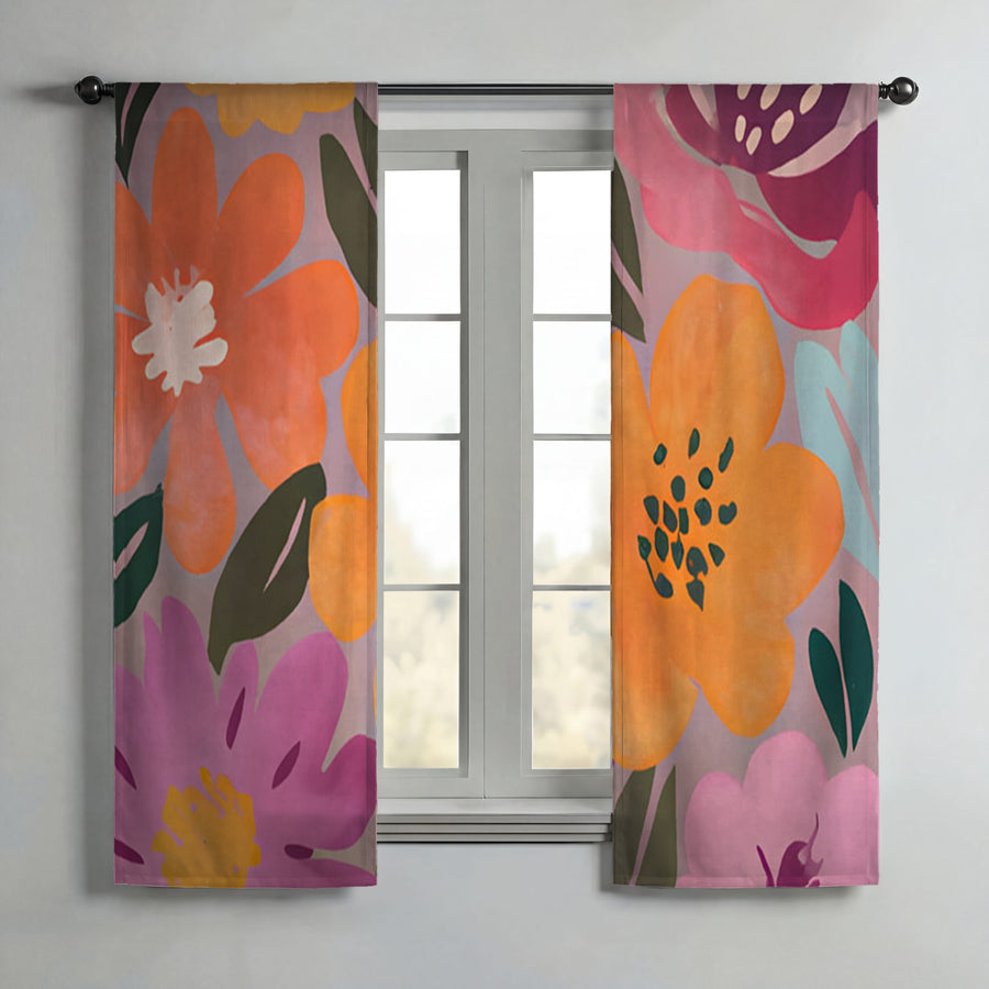 Pink and Orange Floral Pattern Window Curtain