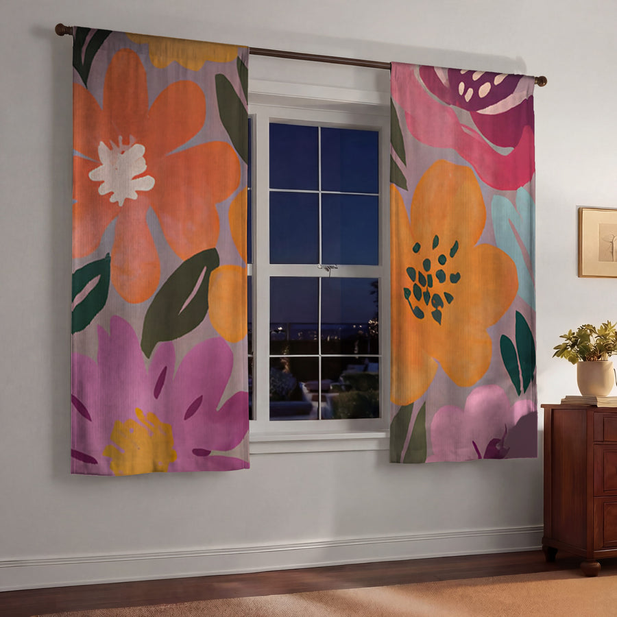 Pink and Orange Floral Pattern Window Curtain