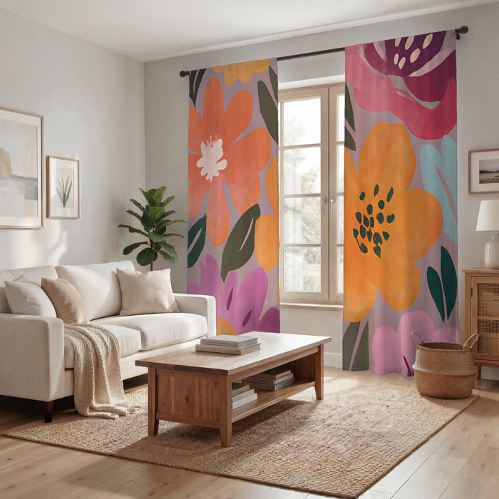 Pink and Orange Floral Pattern Window Curtain