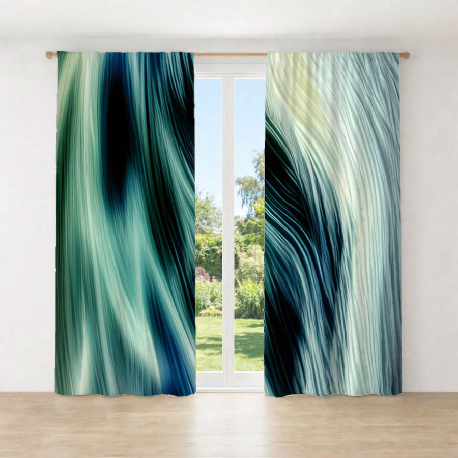 Teal Abstract Fluid Texture Pattern Window Curtains
