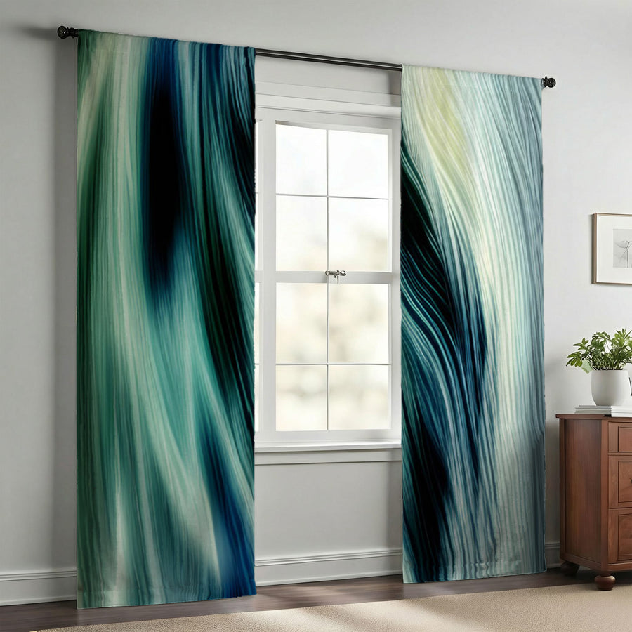 Teal Abstract Fluid Texture Pattern Window Curtains