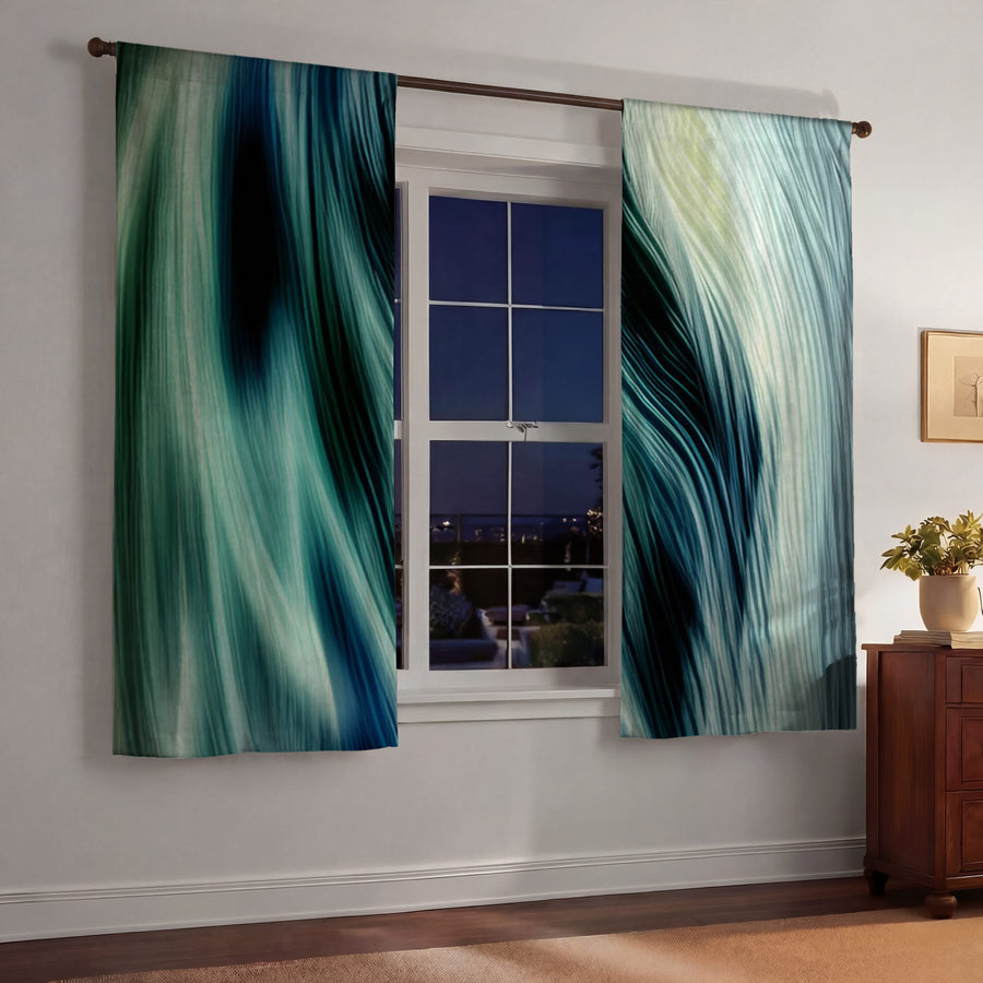 Teal Abstract Fluid Texture Pattern Window Curtains