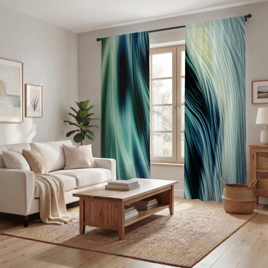 Teal Abstract Fluid Texture Pattern Window Curtains