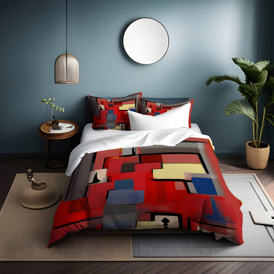 Red Geometric Abstract Block Pattern Duvet Cover