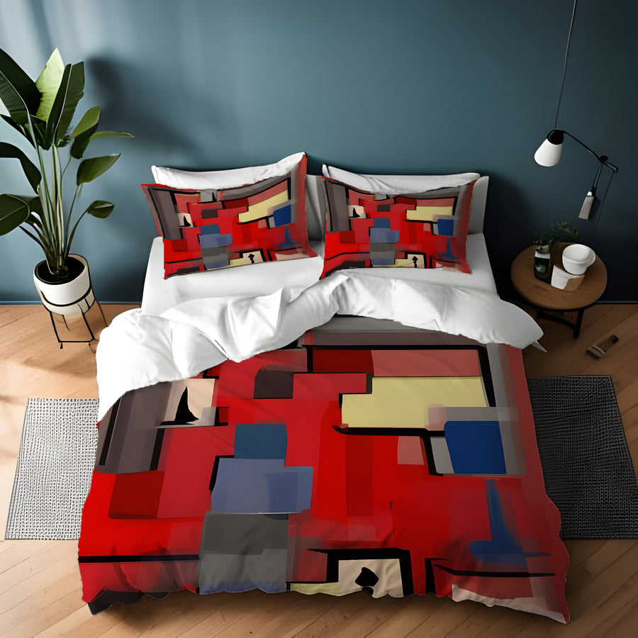 Red Geometric Abstract Block Pattern Duvet Cover