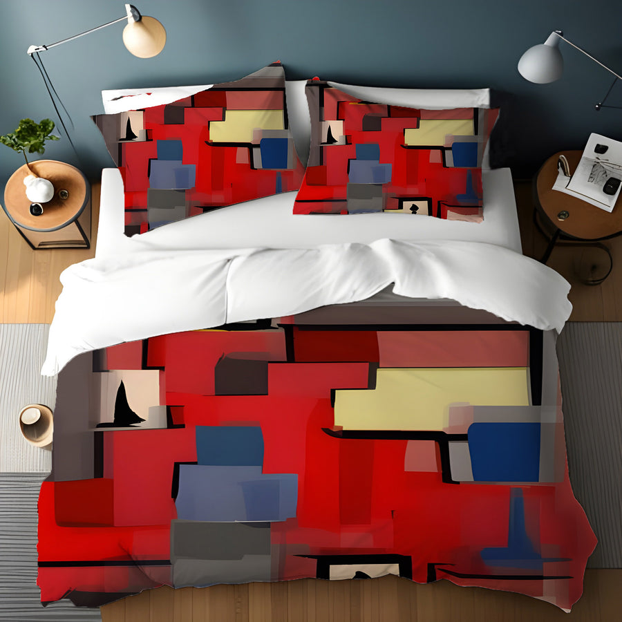 Red Geometric Abstract Block Pattern Duvet Cover