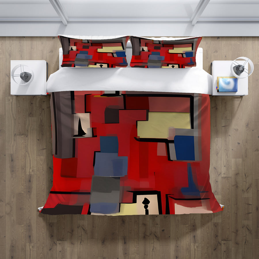 Red Geometric Abstract Block Pattern Duvet Cover