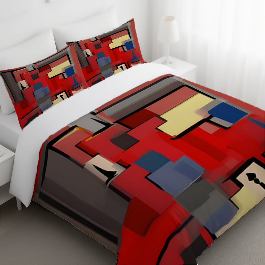 Red Geometric Abstract Block Pattern Duvet Cover