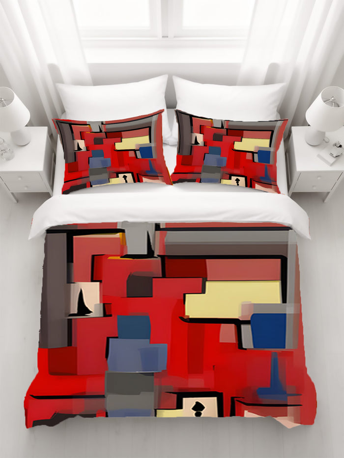 Red Geometric Abstract Block Pattern Duvet Cover