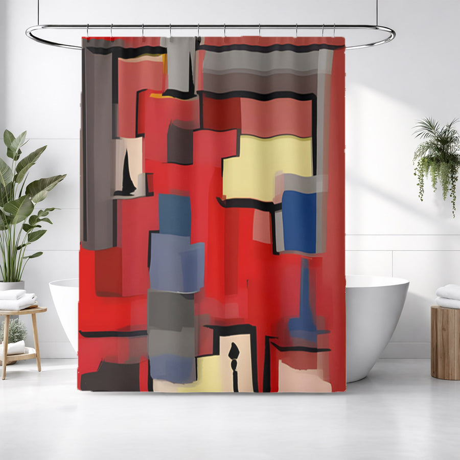 Red Geometric Abstract Block Pattern Shower Curtain
