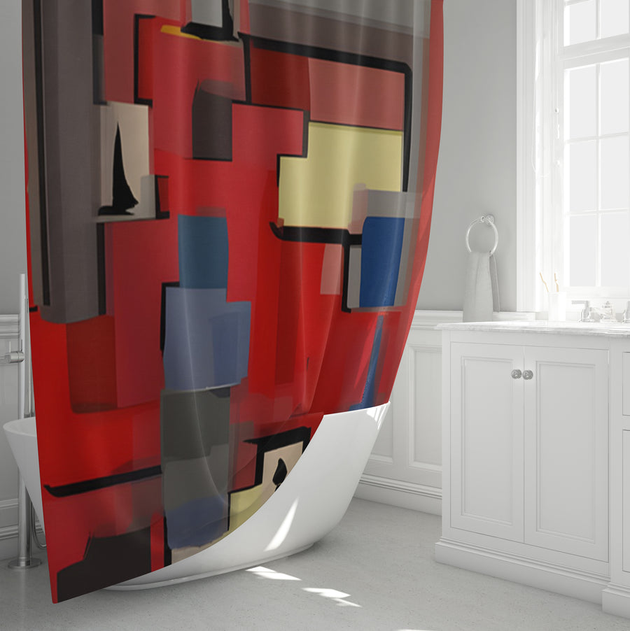 Red Geometric Abstract Block Pattern Shower Curtain