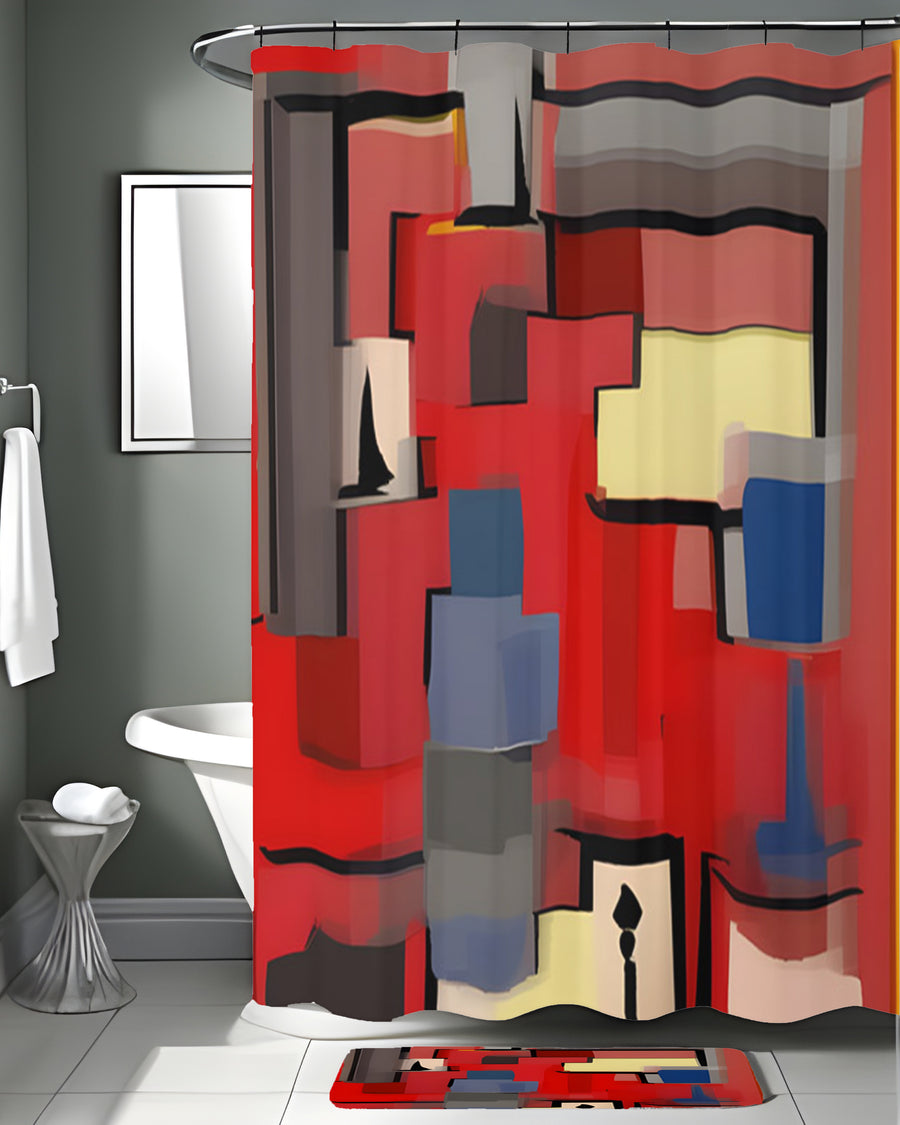 Red Geometric Abstract Block Pattern Shower Curtain