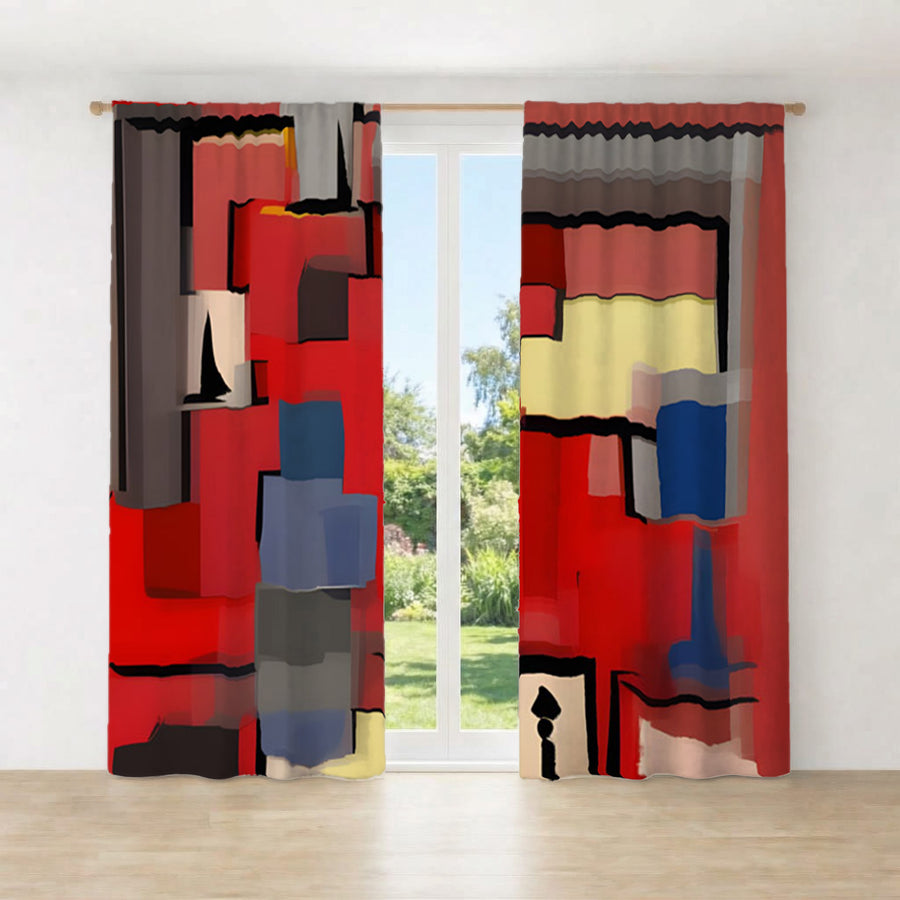 Red Geometric Abstract Block Pattern Window Curtains
