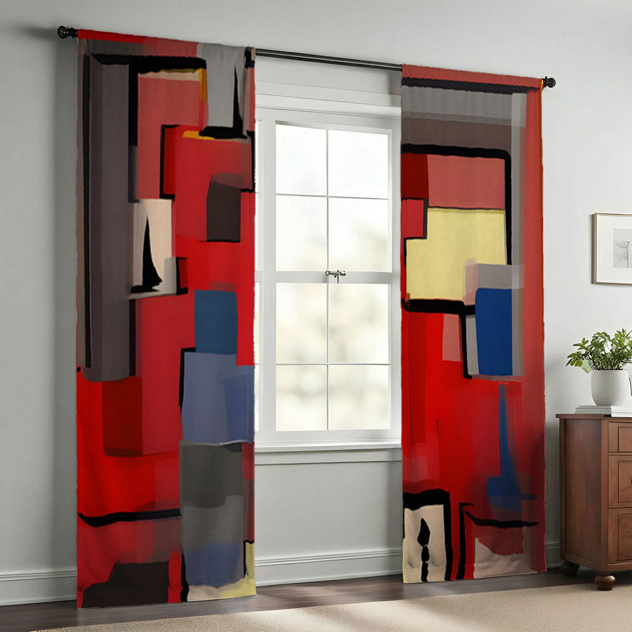 Red Geometric Abstract Block Pattern Window Curtains