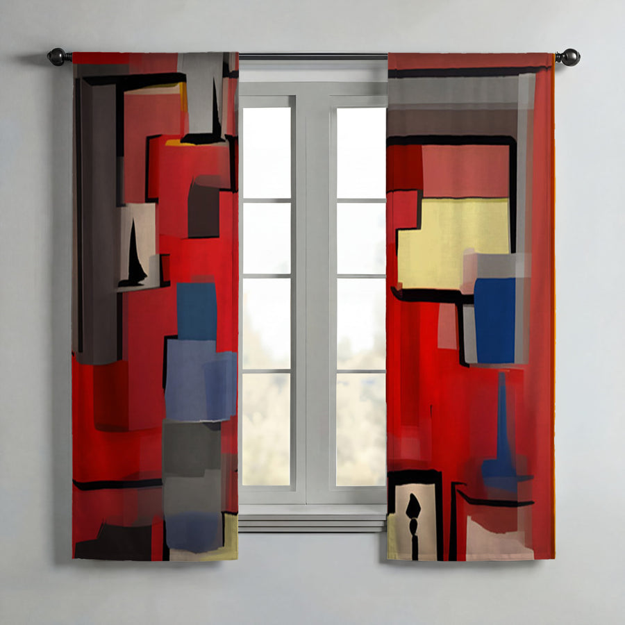 Red Geometric Abstract Block Pattern Window Curtains