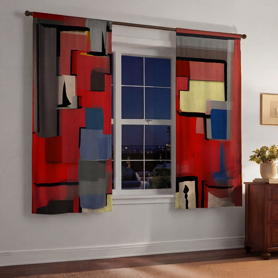Red Geometric Abstract Block Pattern Window Curtains