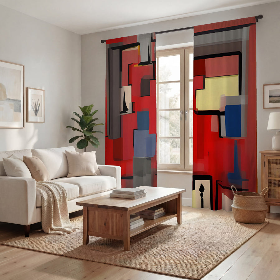 Red Geometric Abstract Block Pattern Window Curtains