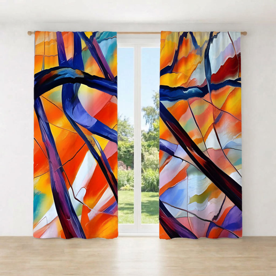 Multicolor Stained Glass Line Abstract Pattern Window Curtains