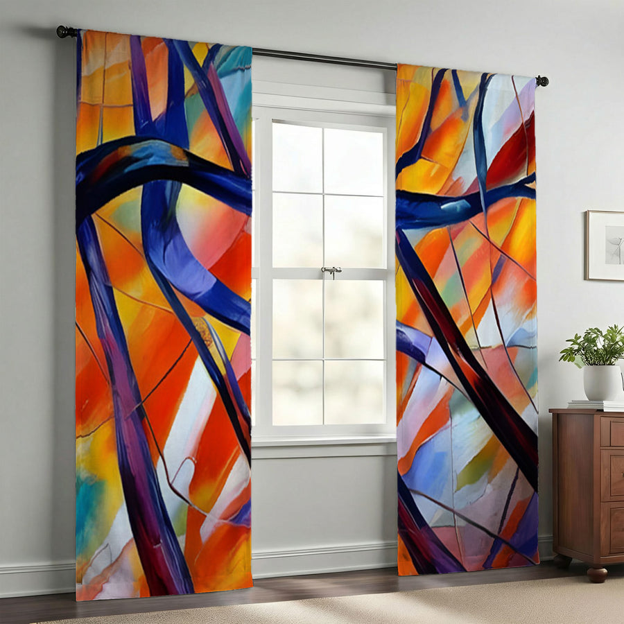 Multicolor Stained Glass Line Abstract Pattern Window Curtains