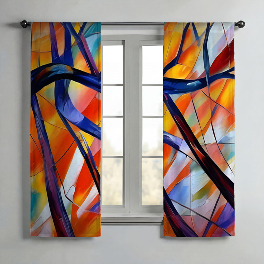 Multicolor Stained Glass Line Abstract Pattern Window Curtains